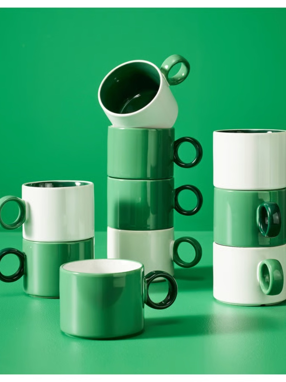 IKEA PIGGAL Mugs (10oz) - White/Green - Set of 4